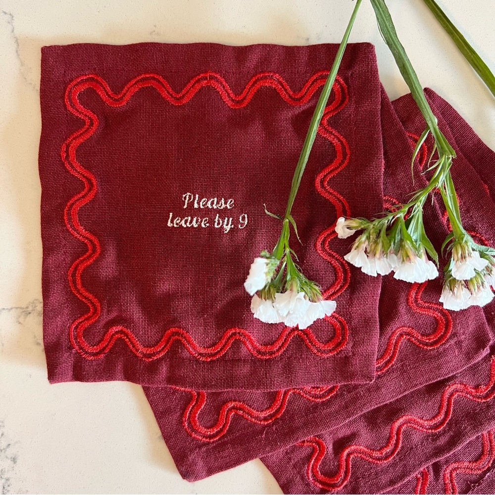 Party cocktail napkins fun please leave by 9 red wine 100% cotton - set of 4